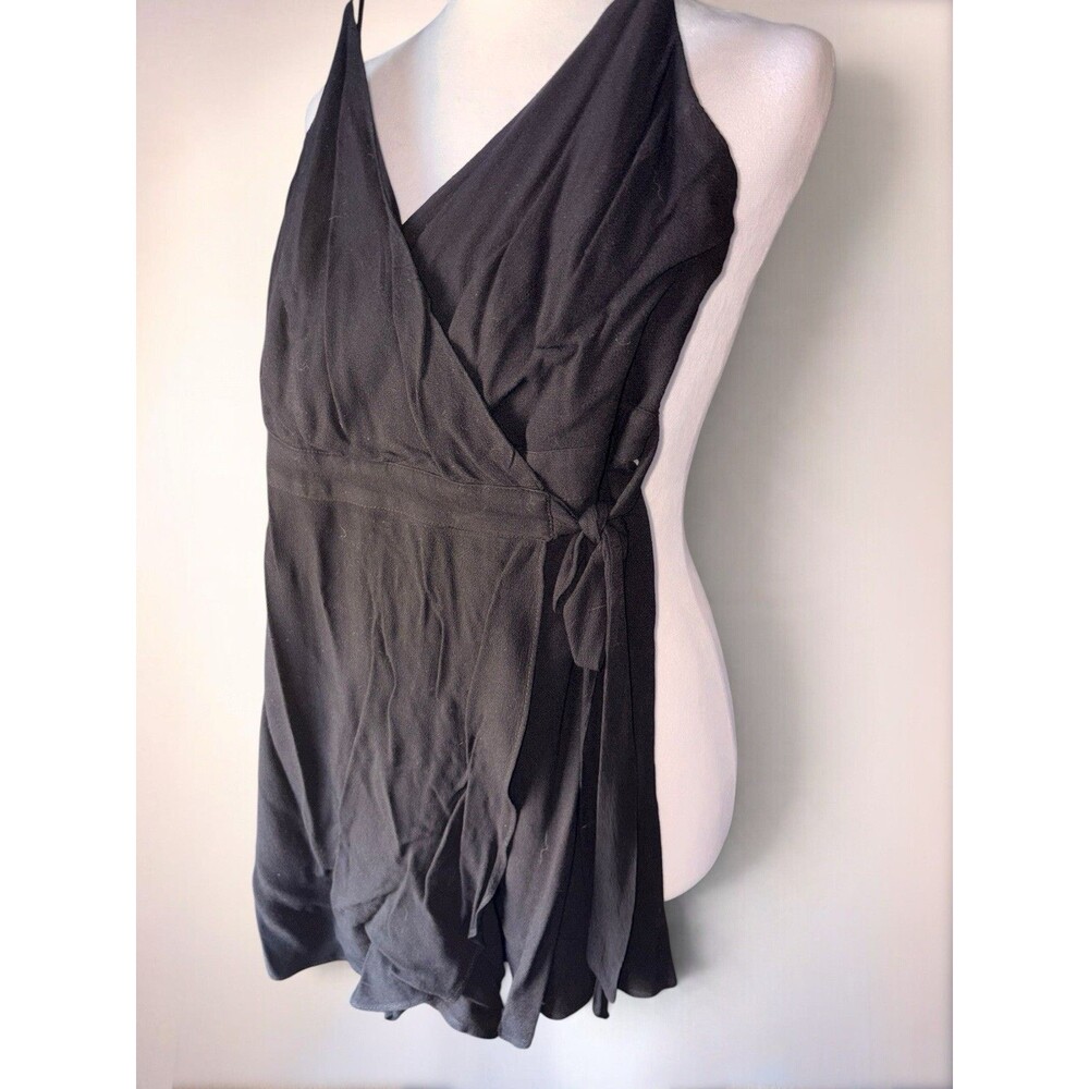 Lulu's Black Solid V-Neck Wrap Tie Romper Zip Adjustable Straps Size S